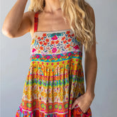Colorful Graffiti Floral Ruffle Cami Summer Boho Flowy Spaghetti Strap Maxi Sun Midi Dress